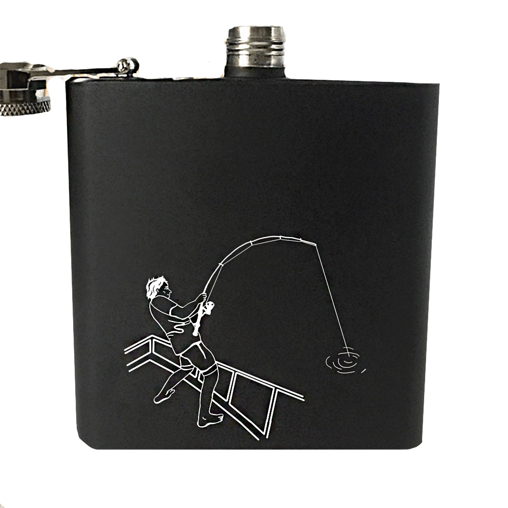 Matte Black Hip Flask ( Man Fishing from The Boat Deck)