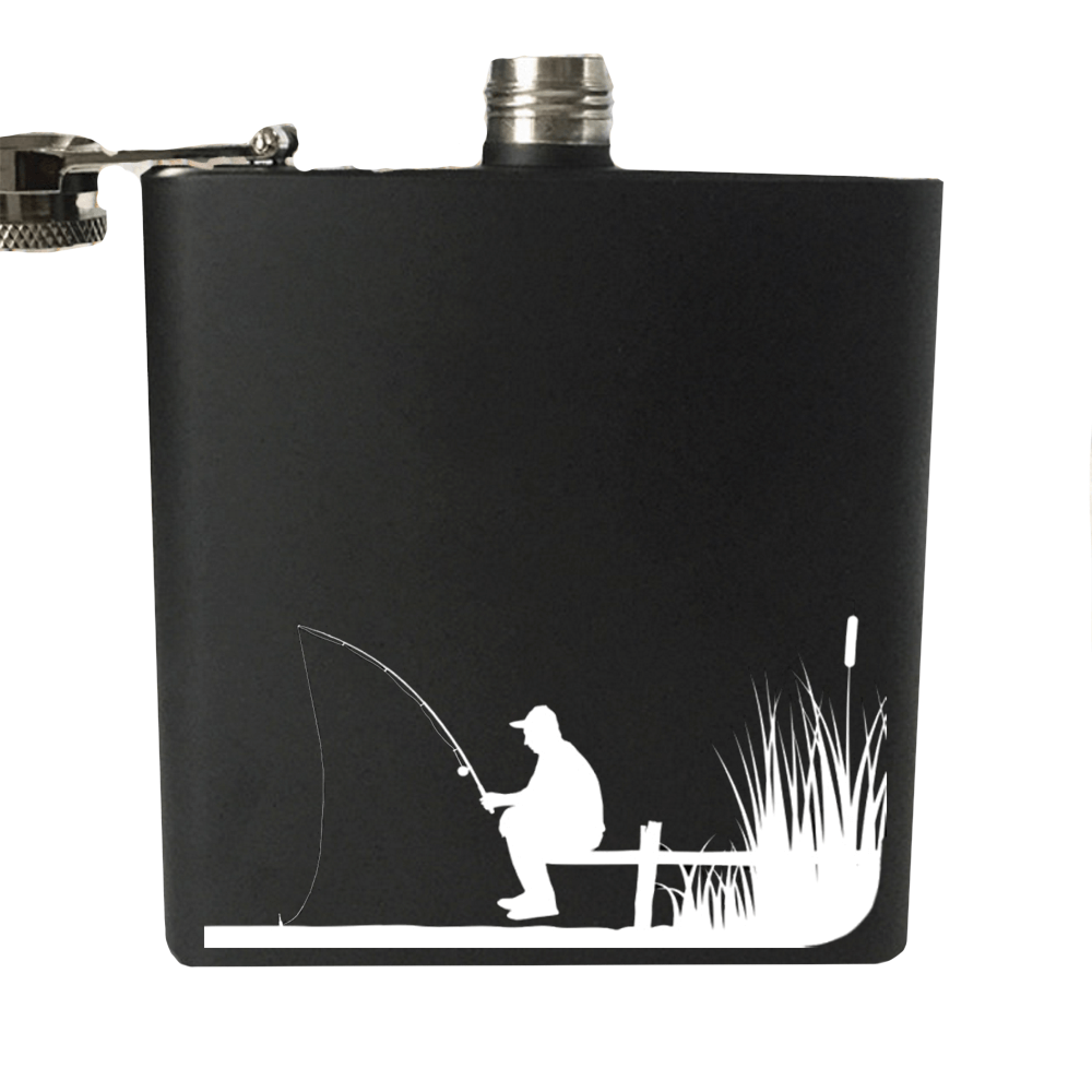 Matte Black Hip Flask (With Old Man Fishing From A Wharf)